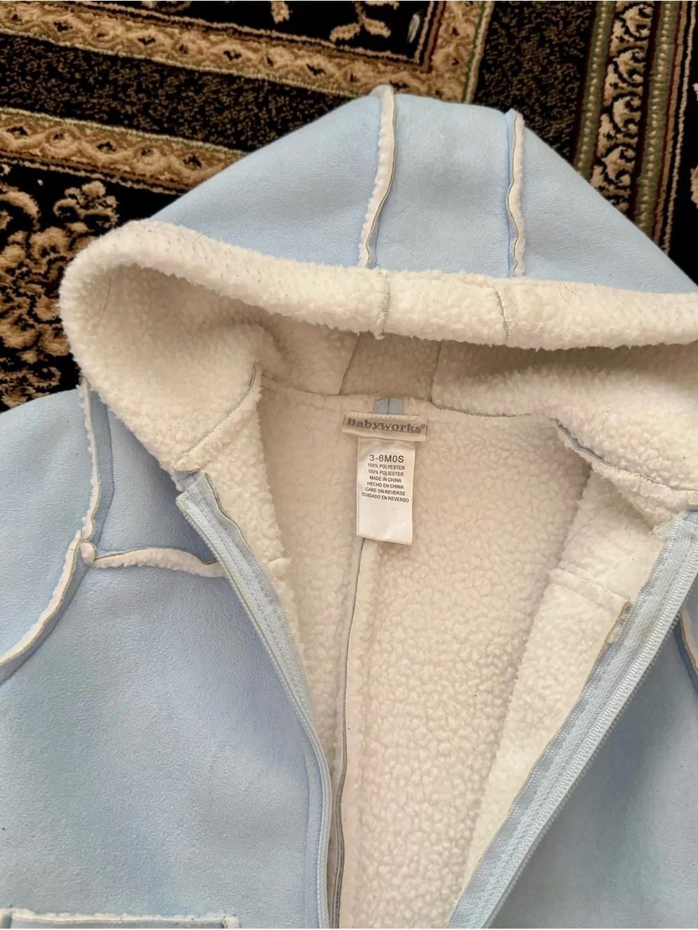 NEW! BabyWorks Light Blue Fleece Hooded One-Piece for Infants. Size 3-6 Months